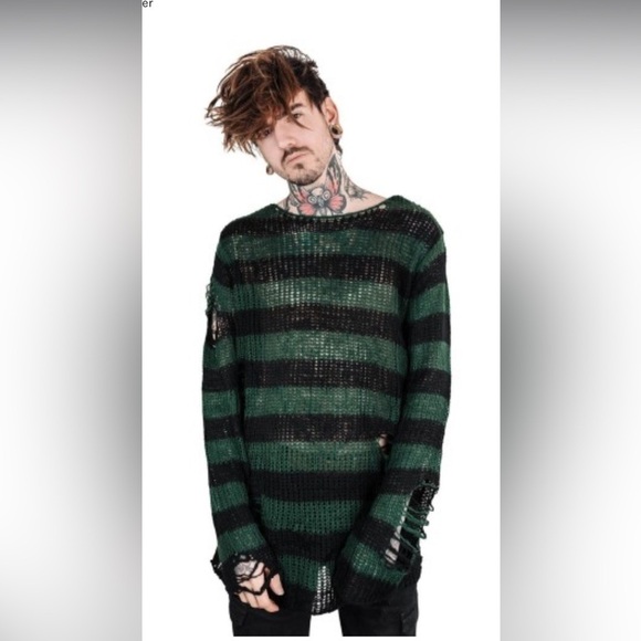 We Are the Weirdos KillStar ABSINTHE KNIT green black striped distressed SWEATER - Picture 2 of 11